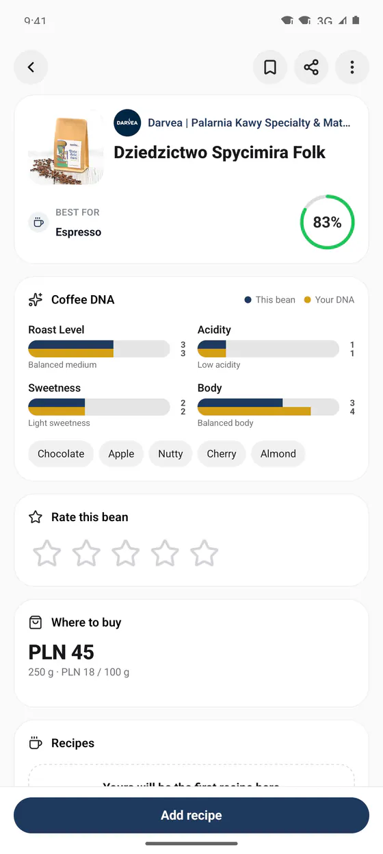 Een boonkaart in Atlas Lab: een matchscore, het Coffee DNA van de boon naast het jouwe, smaaknoten en waar je hem koopt