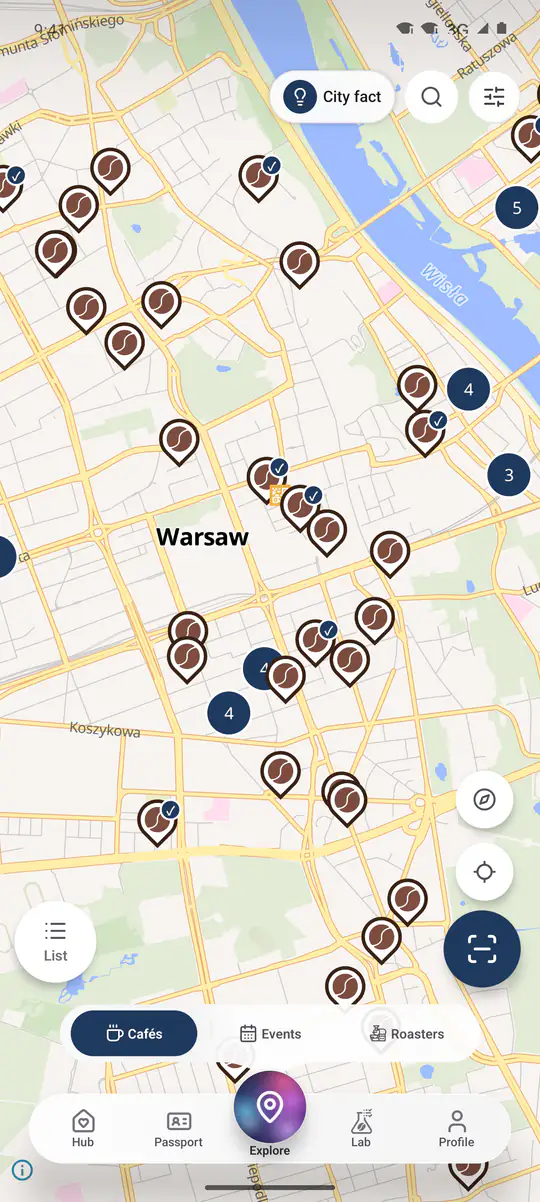Kortet i Specialty Atlas-appen: specialkaffebarer i Warszawa med lag for caféer, begivenheder og risterier