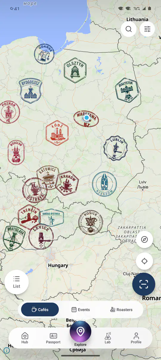 Razítka měst na oddálené mapě střední Evropy