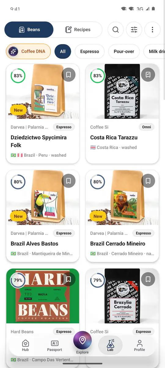 Bonen in Atlas Lab gesorteerd op match, met de Coffee DNA-schakelaar en filters voor zetstijl
