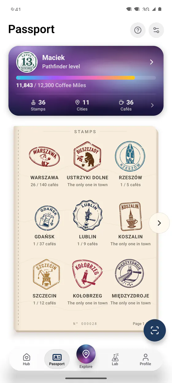Le Passeport café : une carte de niveau Coffee Miles et des tampons de ville, chacun avec le nombre de cafés visités dans la ville